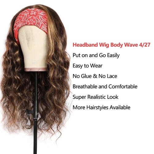 Ombre Headband Wig Human Hair for Black Women 20 Inch Body Wave Honey Blonde #4/27 Highlight Wear and Go Glueless Machine Made None Lace Front Colored