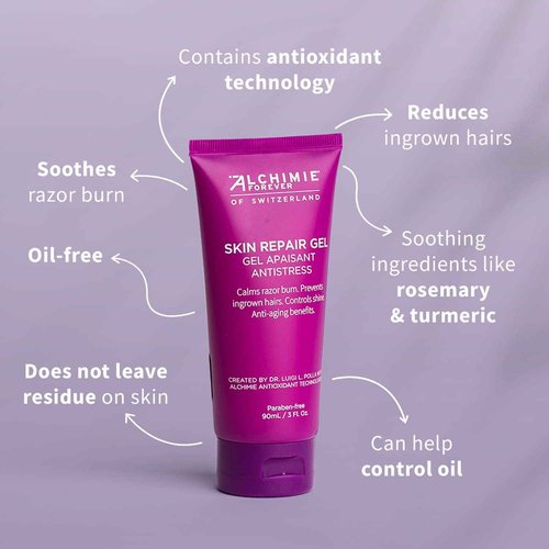 Alchimie Forever Skin Repair Gel | Oil Free Gel for Post Shave Care of the Face and Body with Rosemary and Turmeric | Soothing, Restorative, Anti-Aging Benefits | Reduces Ingrown Hairs | 3 fl oz