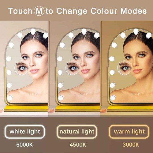 Rtajdos Hollywood-Style Vanity Mirror Makeup Mirrors with Lights, 13" x 17.3", 13 Dimmable Bulbs, 3 Color Modes, 360° Rotation, Touch Control & Memory Function, 10X Magnifier (Painted Gold)
