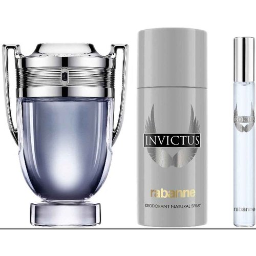 Rabanne Paco Invictus 3-Piece Gift Set for Men, (3.4 Oz Eau De Toilette Spray + 5.0 Oz Deodorant Spray + 0.33 Oz Travel Spray)
