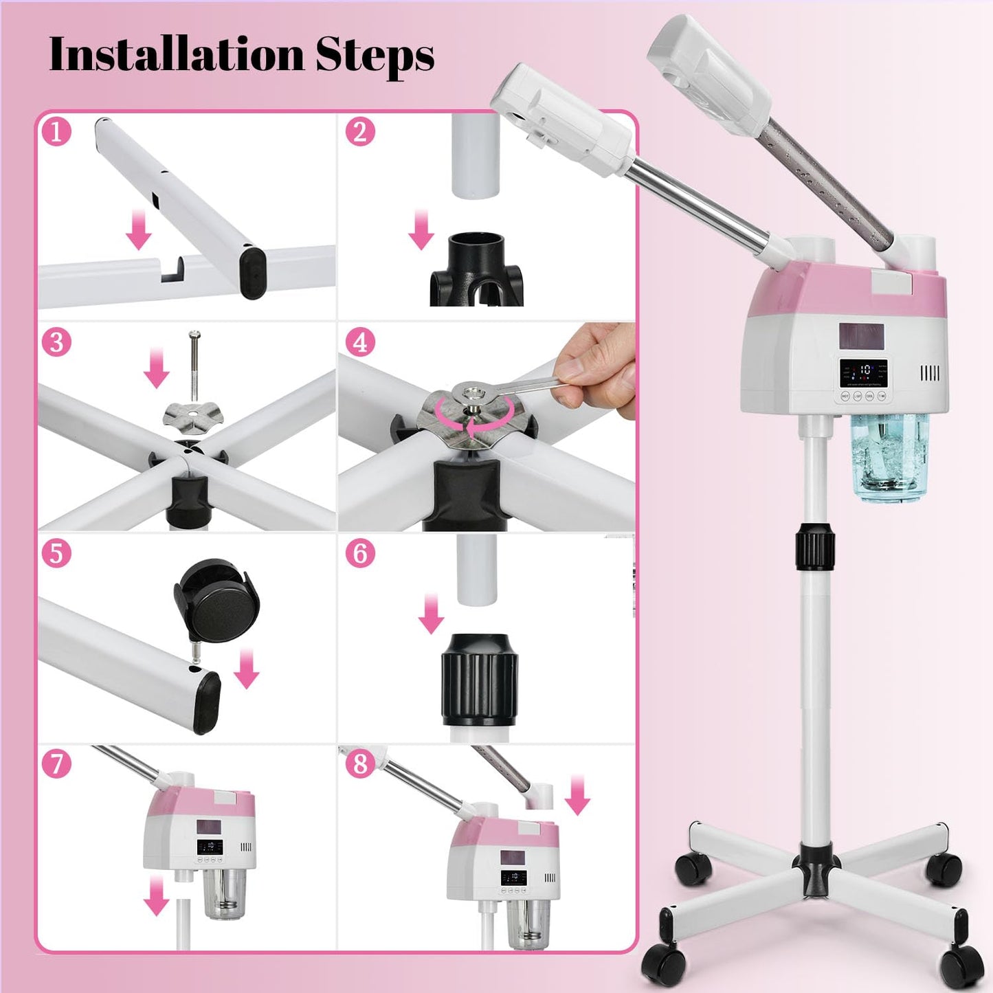 Professional Facial Steamer,2 in 1 Facial Steamers with Hot&Cool Mist, Height Adjustable Face Steamer, Pink Esthetician Steamer for Home Salon Spa
