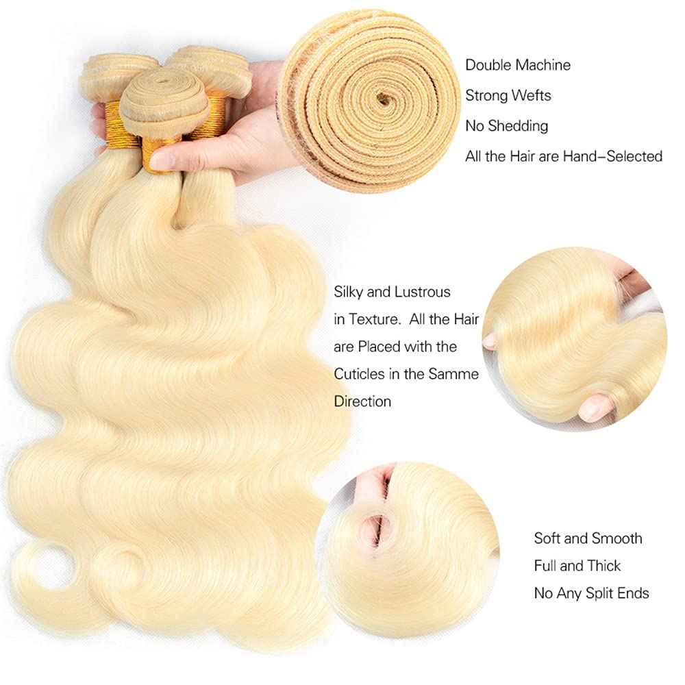 30 32 34 Inch Blonde Bundles Human Hair 613 Body Wave Bundles Double Weft Soft Real Blonde Hair Weave Grade 8A Peruvian Virgin Hair Extensions