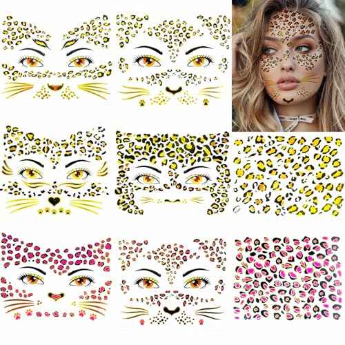 8 Sheets Gold Glitter Leopard Face Temporary Tattoos Stickers, Glitter Fake Cheetah Face Whisker Tattoos Stickers for Halloween Costume Makeup for Kids Adults Women Men