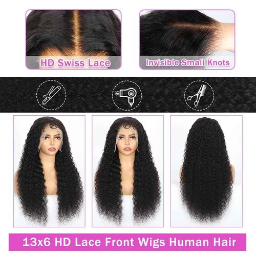 Dundix Deep Wave Lace Front Wigs Human Hair 13x6 HD Lace Front Wigs 200 Density Deep Curly Glueless Wigs Pre Plucked Curly Human Hair Wig for Women 16 Inch