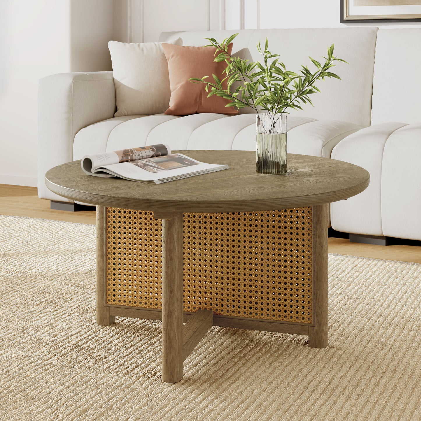 32 Rattan Coffee Table, Round Woven Wood Table