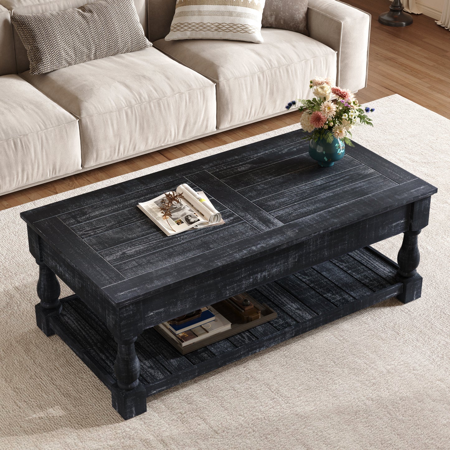 Farmhouse Lift Top Coffee Table with Storage Trays - Antique Black