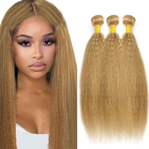 20 22 24 Inch Honey Blonde Bundle Color #27 Kinky Straight Human Hair Bundles Brazilian Virgin Hair Honey Blonde Yaki Straight Bundles Human Hair Extensions