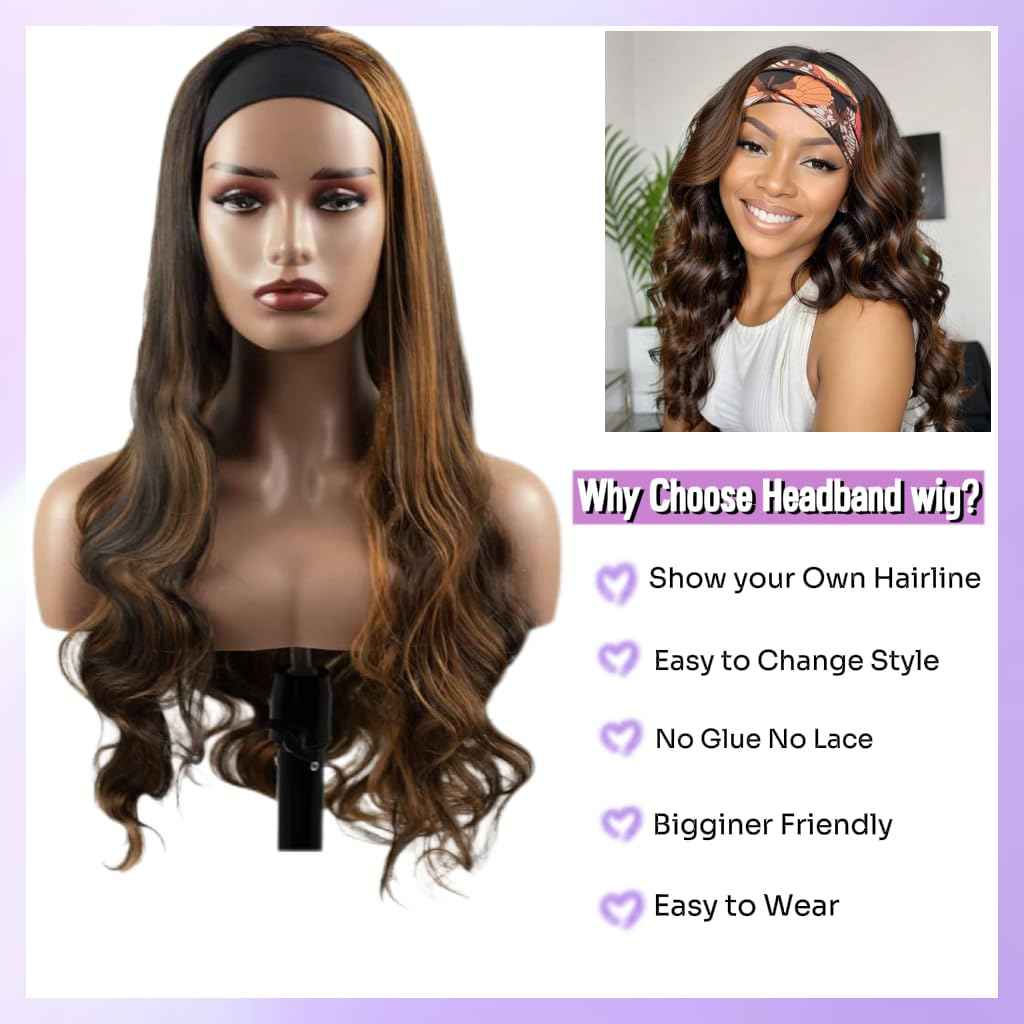 Prisyfab Headband Wig Human Hair Body Wave Headband Wigs for Black Women human hair 1b/30 color Wear and Go Glueless Wig 100% Brazilian Virgin Human Hair Headband wig 150% Density(18inch)