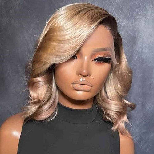 Ombre Milk Tea Blonde Bob Wig Human Hair Body Wave 200% Density Loose Wave 13x4 Hd Brown Roots with Ash Blonde Summer Bob Wig Pre Plucked with Baby Hair for Women 14 Inch