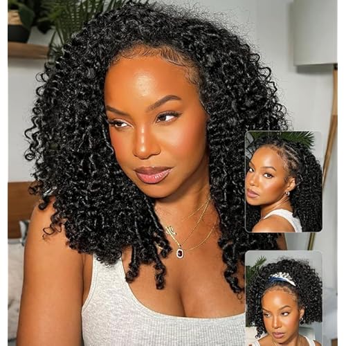 Larhali Half Wig Human Hair Glueless Wigs Upgrade 3 IN 1 Half Wig With Drawstring Seamless Clip Ins Flip Over Burmese Curly Human Hair No Glue No Lace For Women 200% Density (Natural Color, 16inch)