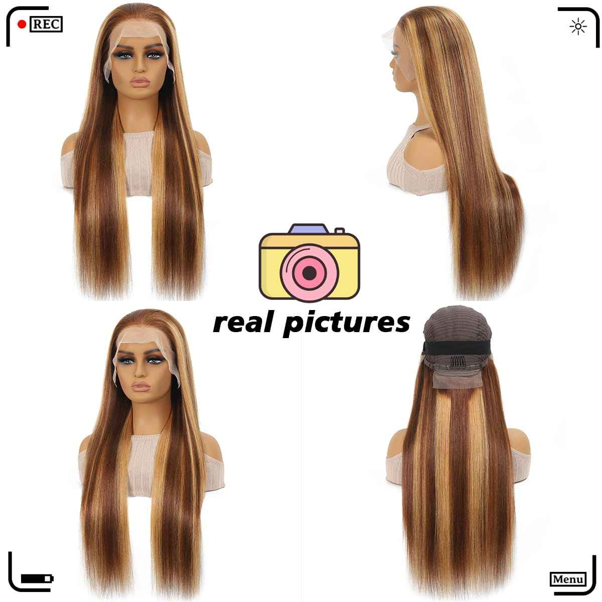 250% Density Highlight Ombre Lace Frontal Wig 13x6 Human Hair Honey Blonde HD Lace Front Wig Pre Plucked with Baby Hair brown 4/27 Colored Straight Lace Front wig Glueless for Women Natural Hairline