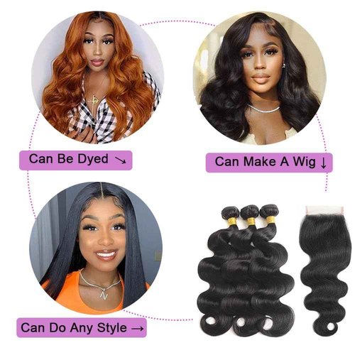 Bundles with Closure Human Hair Body Wave 20 22 24+18 Inch 100% Unprocessed Brazilian Virgin Human Hair 3 Bundles with Closure Human Hair Extensions with 4x4 Free Part Lace Closure Natural Black