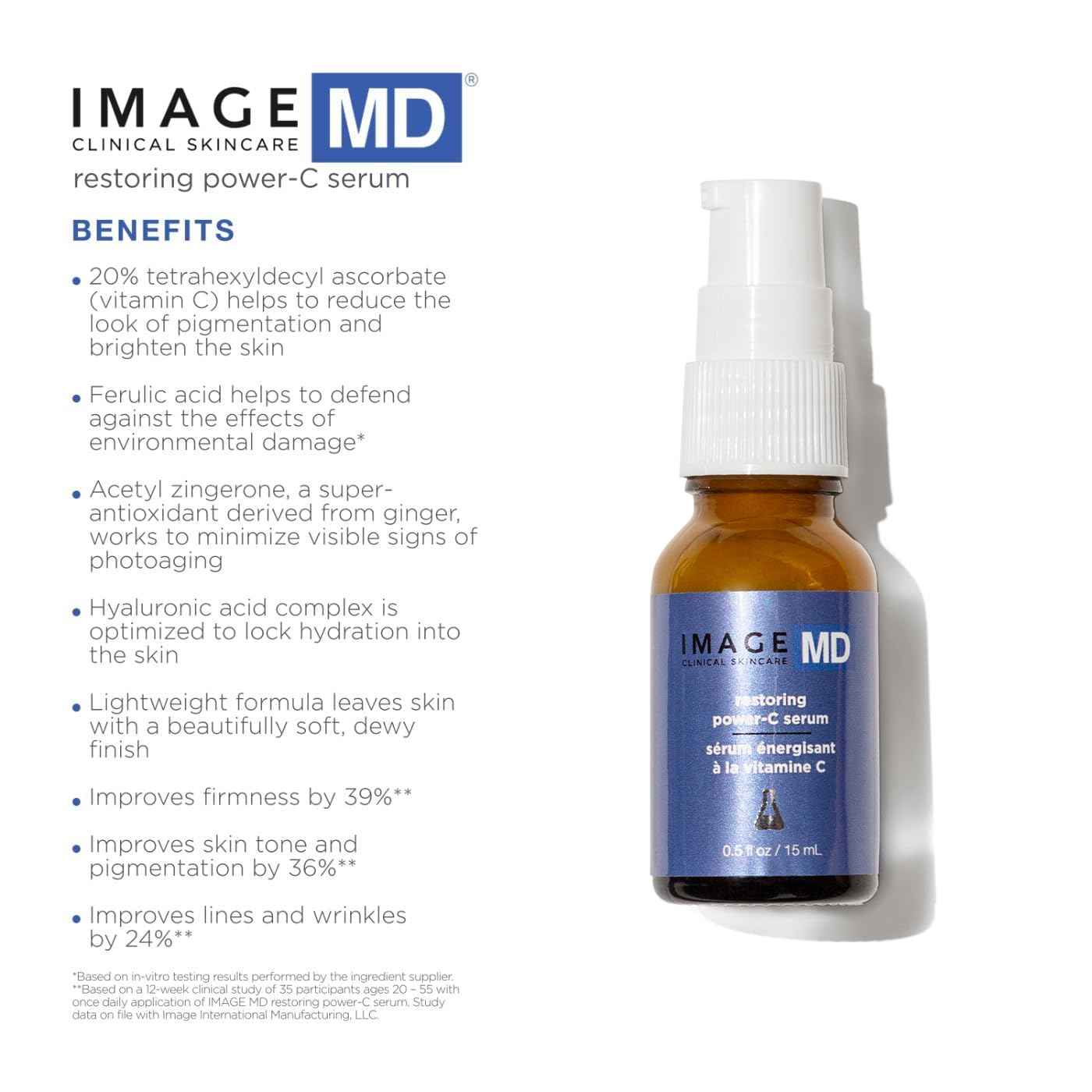 IMAGE Skincare, IMAGE MD Restoring Power-C Serum, 20% Vitamin C and Ferulic Acid Facial Serum to Reduce Pigmentation, Firm and Brighten Skin, 0.5 fl oz