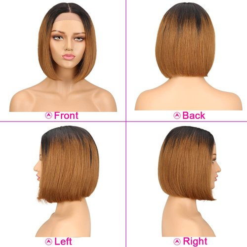Short Straight Bob Wig 13x4x1 Lace Front Wigs for Black Women Ombre Brown Human Hair 12 Inch 150% Density Brazilian Virgin Bob Wigs Human Hair Pre Plucked with Baby Hair（TT1B/30 Color）