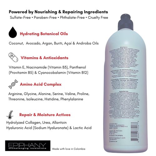 Epiphany Restore Shampoo 33.8 oz – Hydrates & Repairs Dry or Color-Treated Hair – Coconut, Avocado & Argan Oils + Vitamins – UV Protection – Sulfate-Free, Paraben-Free