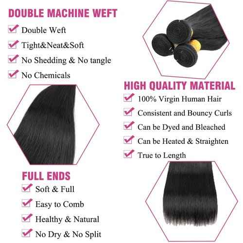 Brazilian Straight Human Hair Bundles Weaves 100% Unprocessed Virgin Straigt Human Hair One Bundles 28Inch Raw Sew in Bundles Deals for Woman Nature Black (100+/-5g)/pc Can be Dyed and Bleached