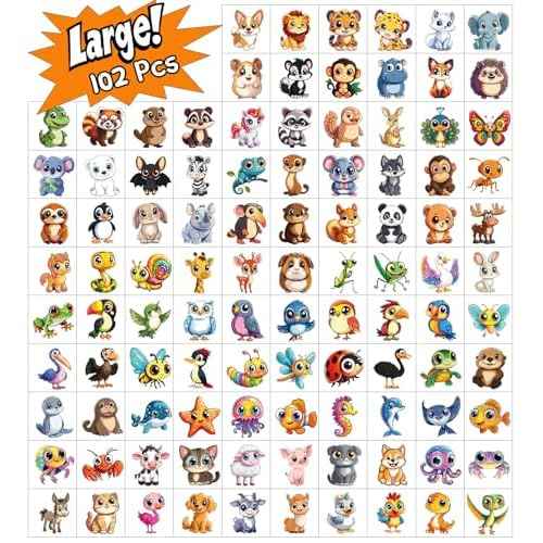 JCFIRE Larger Temporary Tattoos For Kids, 102 Styles Mixed Cute Animals Stickers Birthday Party Favors for Kids 3-5 4-8, Goodie Bag Stuffers Party Supplies Decoration Gifts Activities Games Christmas