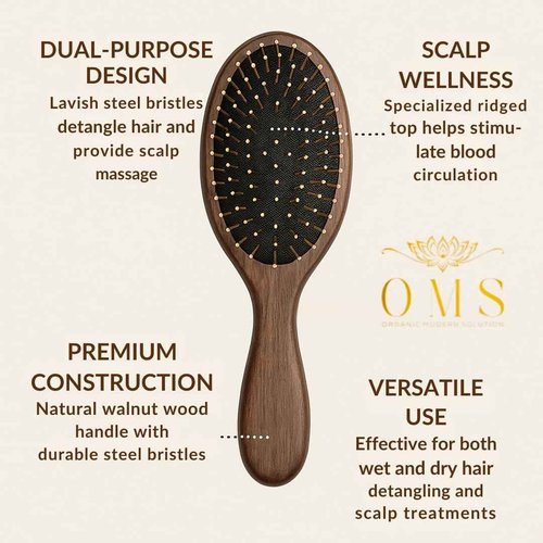 ORGANIC MODERN SOLUTION Luxury Styling Hair Brush, Gold Plated Steel Bristles, Walnut Wood Handle, 9x3.5 Inch, Scalp Massage, Gua Sha, Detangling, Reduces Breakage