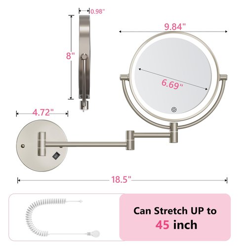 Wall Mounted Makeup Mirror with Lights, 30X/1X Double-Sided Magnifying, Plug-in Lighted Vanity Mirror with 3 Color Modes, Dimmable Brightness, 360° Swivel Extendable Arm for Bathroom & Grooming