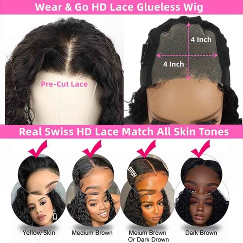 Potoki Glueless Wigs Human Hair Pre Plucked Pre Cut Deep Wave Lace Front Wigs 4x4 Closure Wigs 150% Density Natural Black Color (26 Inch)