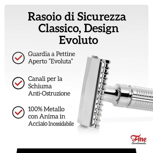 Mr. Fine Premium Double Edge Safety Razor for Wet Shaving, Single Blade Razor, Close Shave, Open-Comb Guard, 100% Metal w/Stainless Steel Core, 5 Feather Blades
