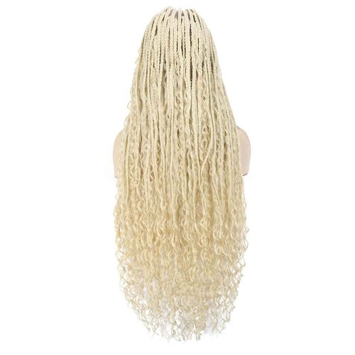ROSEBONY 36" Boho Knotless Braided Wig for Black Women Double Full Lace Box Braid Wig with Baby Hair Bohemian Curly Ends Golden Yellow Blonde Color (613 blonde)