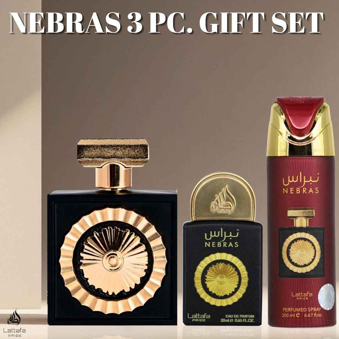 Lattafa Pride Nebras 3-Piece Luxury Perfume Gift Set for Women & Men - Gourmand Berry & Chocolate | Juicy Raspberry, Dark Cocoa & Vanilla |Long-Lasting Indulgent Scents (Gift Set)