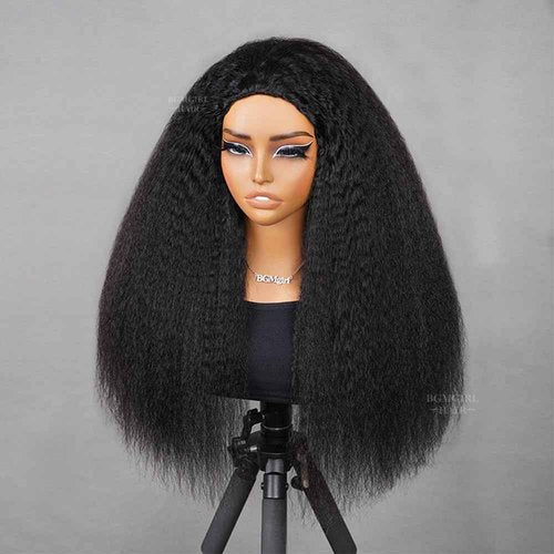 BGM GIRL Kinky Straight 3 in 1 Half Wig Human Hair Glueless Wear and Go No Lace Flip Over Wig With Adjustable Drawstring 180 Density Natural Look Wig For Women 18 Inch