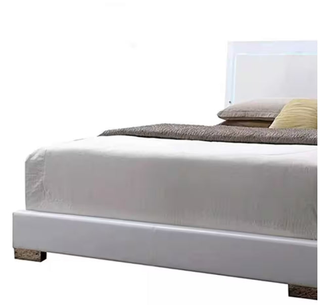 Queen Bed with White Faux Leather & LED Headboard