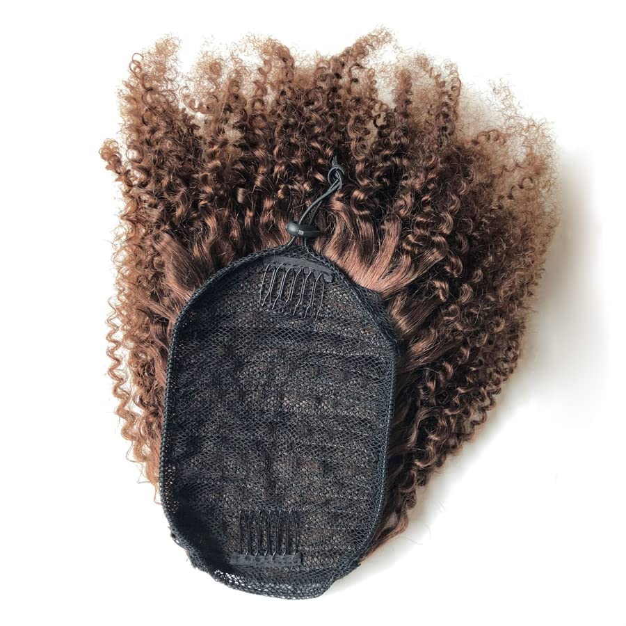 GREEMEO Afro Puffy Human Hair Ponytail Extensions Drawstring 100% Real Remy Hair Afro Kinkys Curly Bun Extension With Two Combs #4 Medium Brown 10 Inches