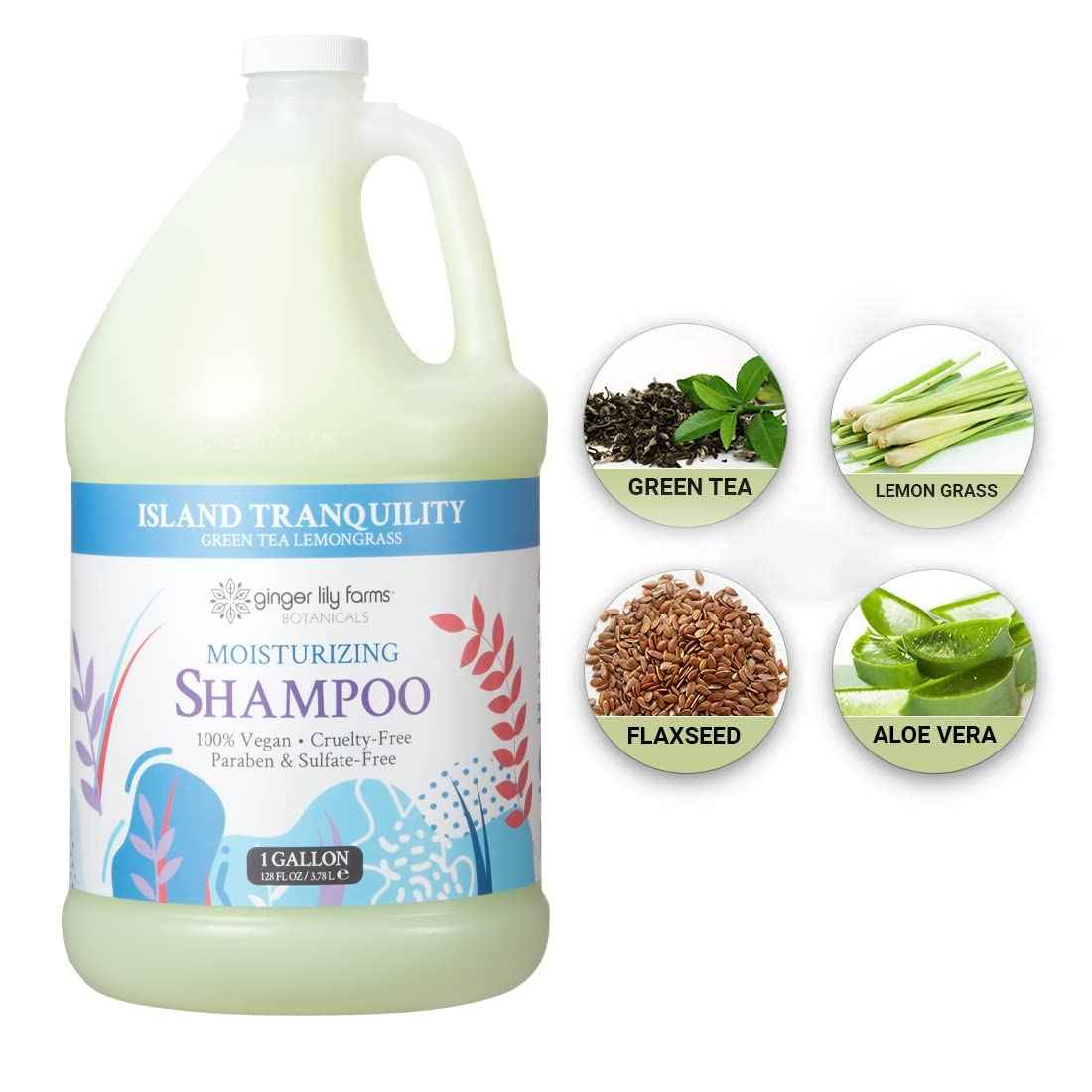 Ginger Lily Farms Botanicals Moisturizing Shampoo for All Hair Types, Island Tranquility, 100% Vegan & Cruelty-Free, Green Tea Lemongrass Scent, 1 Gallon Refill (Pack of 4)