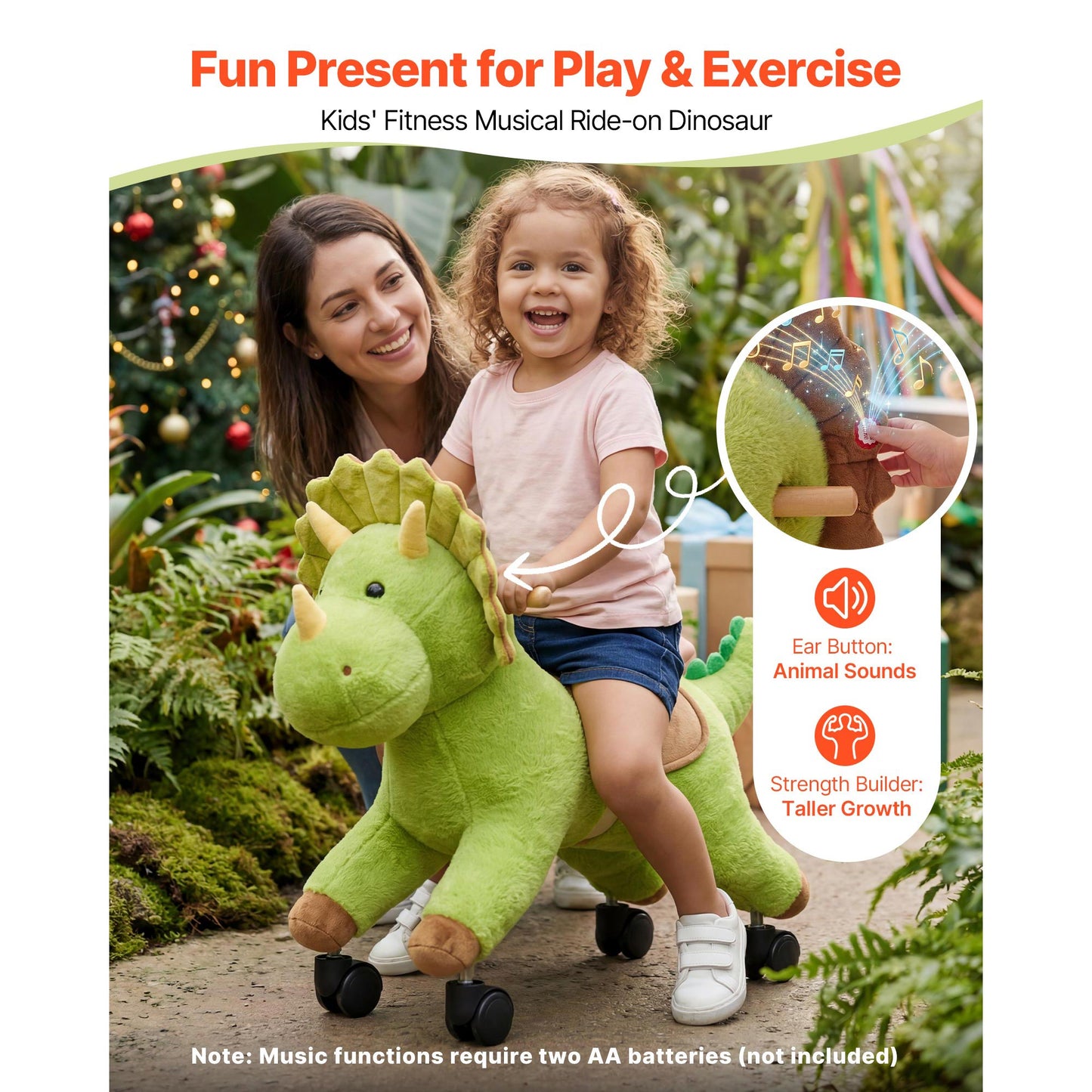 Ride-On Dinosaur Toy for Kids - Lifelike Roars, No Battery, 360° Wheels, Soft Seat, Max 88 lbs