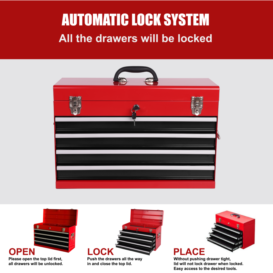 Heavy Duty Metal Tool Box 21-Inch with 4 Drawers, Locking & EVA Liners - Portable Steel Organizer, Red & Black