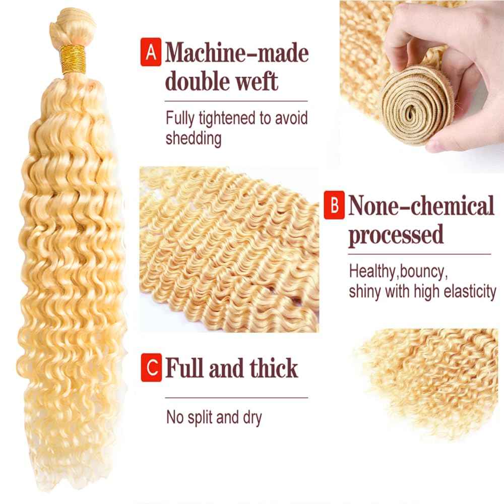 24 26 28 inch 613 Bundles Human Hair Blonde Deep Curly Bundles Peruvian Virgin Remy Hair Extensions Double Weft 613 Deep Wave Human Hair Weave