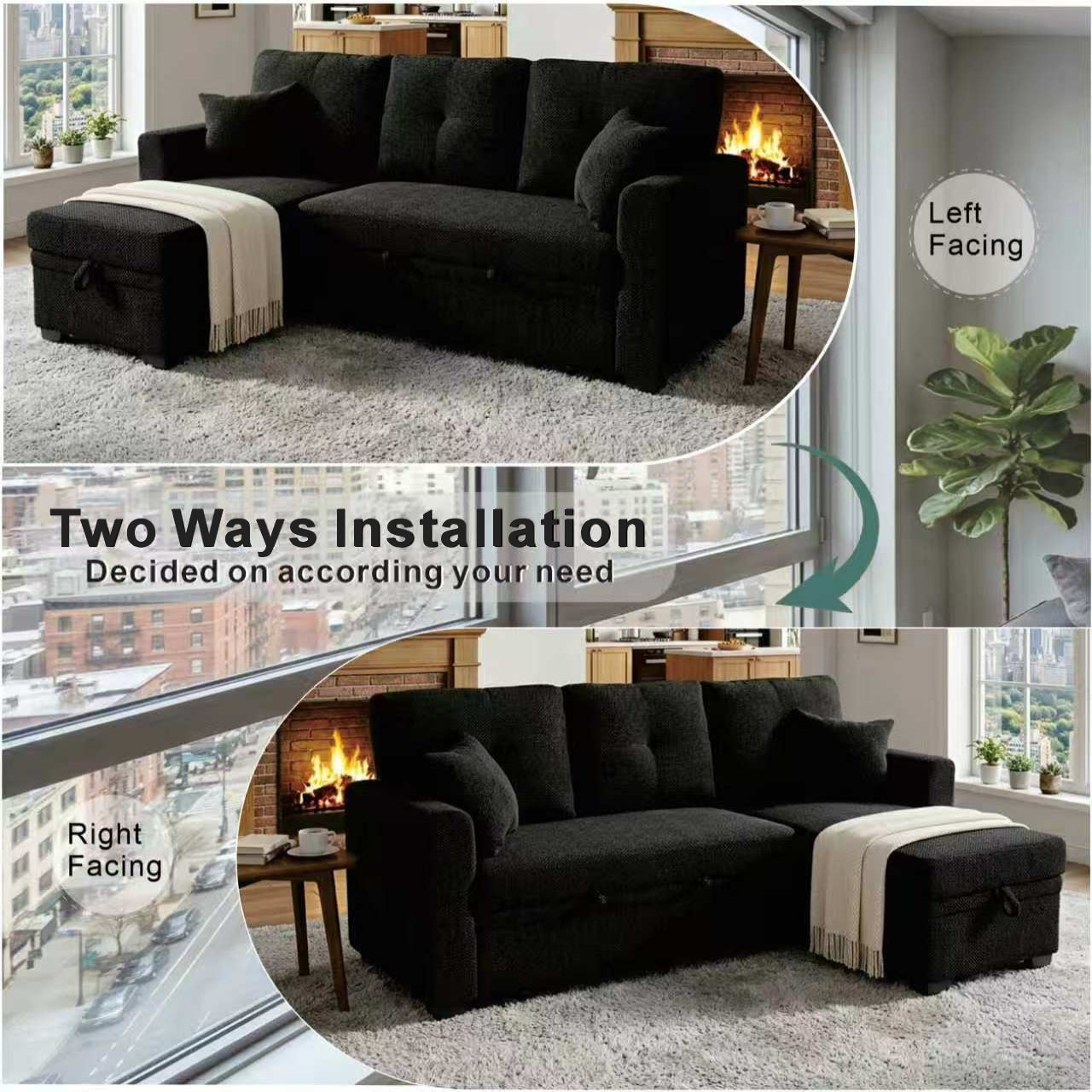 Sleeper Sofa Sectional with Pull-Out Bed & Reversible Chaise - Black