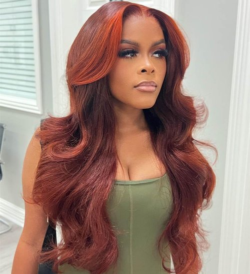 Rina Ginger Skunk Stripe Wig Human Hair Reddish Brown With Ginger Orange Body Wave 13x4 HD Lace Front Wigs 180% Density Autumn Brown with Highlight Ginger Colored Human Hair Wig 20 Inch