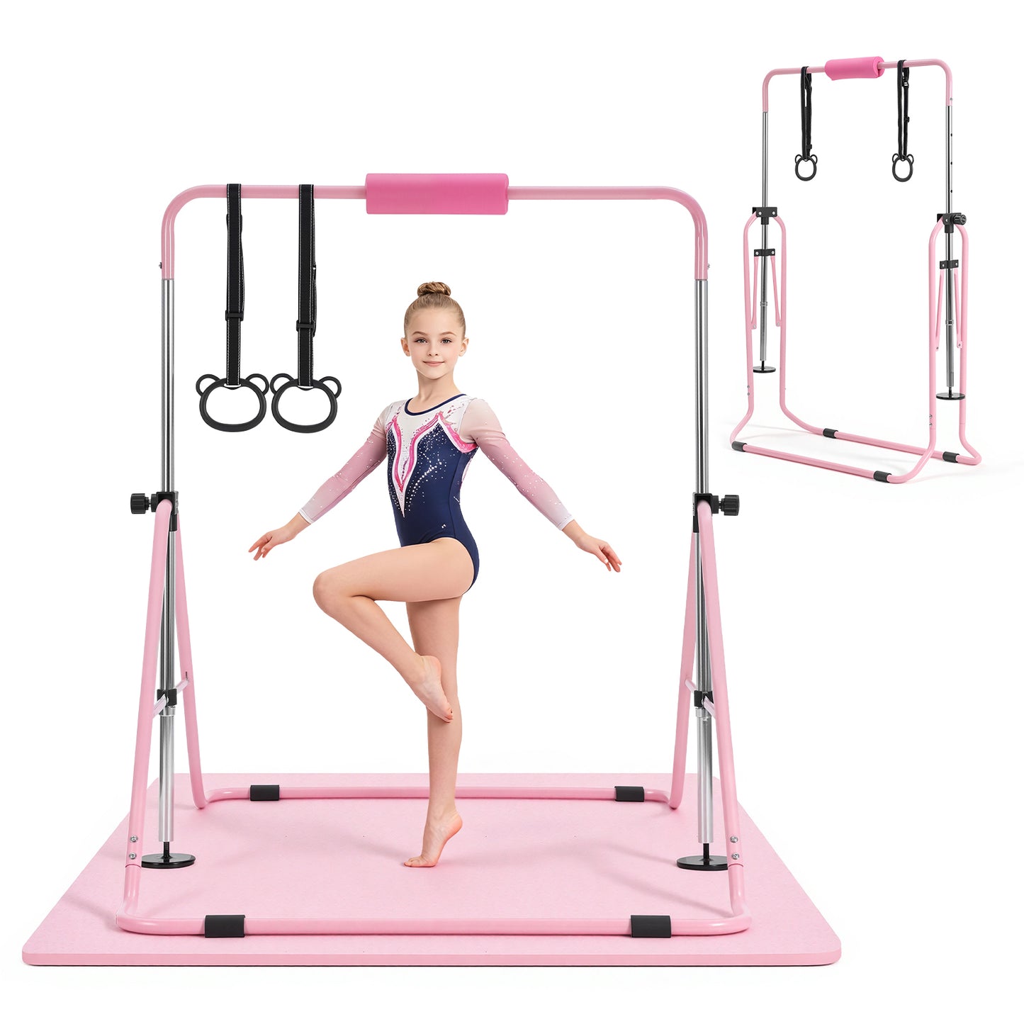Kids Gymnastics Bars - Adjustable Folding Kip Bar with Mat, Indoor Outdoor Training Equipment, Pink