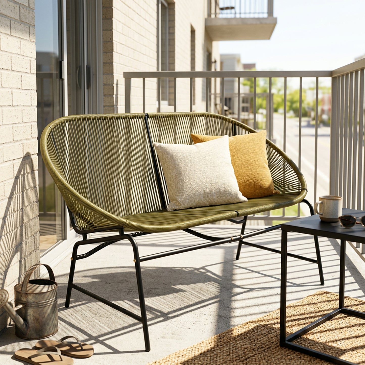 Condessa Outdoor Wicker Love Seat - Green PE Rattan & Iron Frame