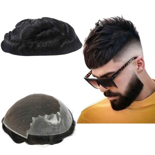 Toupee for Men Human Hair Wigs Mens Toupee European Virgin Human Hair Units Curly Wave Mens Wig Toupee Hair Real Human Replacement System for Man Q6 Prosthesis Units Patch #1B Off Black (6x9)