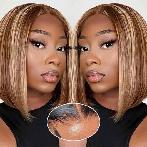 Ombre Bob Wig Human Hair 4/27 Highlight Honey Blonde Lace Front Bob Wigs Human Hair 200% Density Glueless Wigs Human Hair Pre Plucked Pre Cut 9x6 HD Lace Front Wigs Human Hair for Black Women 16 inch