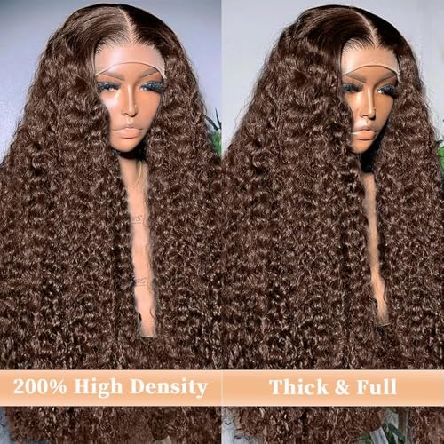 Chocolate Brown Lace Front Wigs Human Hair 13x6 Deep Wave Lace Front Wigs Human Hair 200 Density HD Colored Deep Curly Lace Frontal Wigs for Women Pre Plucked with Natural Hairline (20 inch)