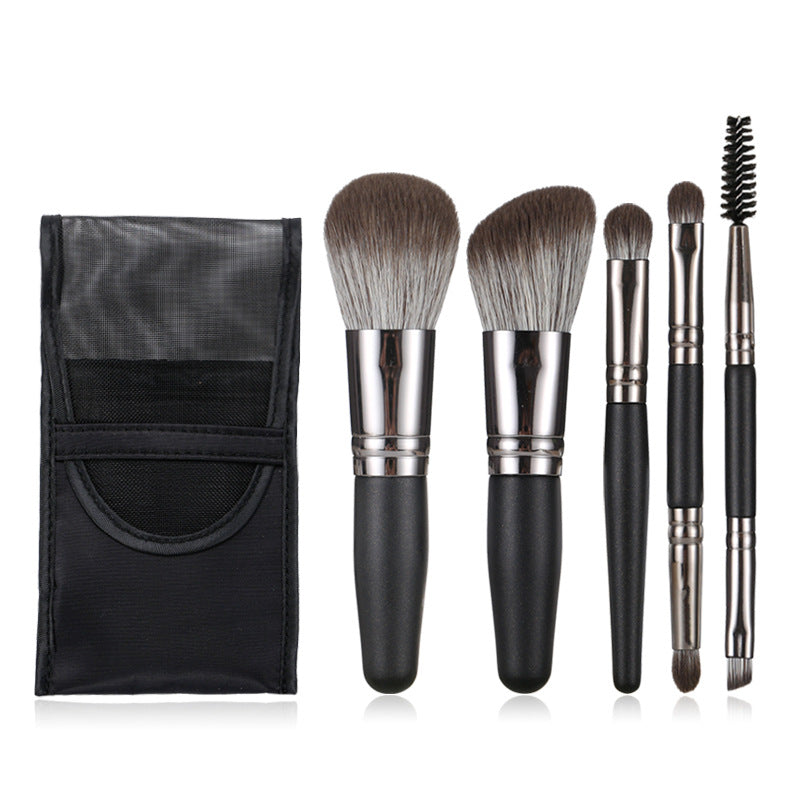 Mini Portable Makeup Brush Set - 5-Piece Face Eye Brush Kit with Mesh Bag
