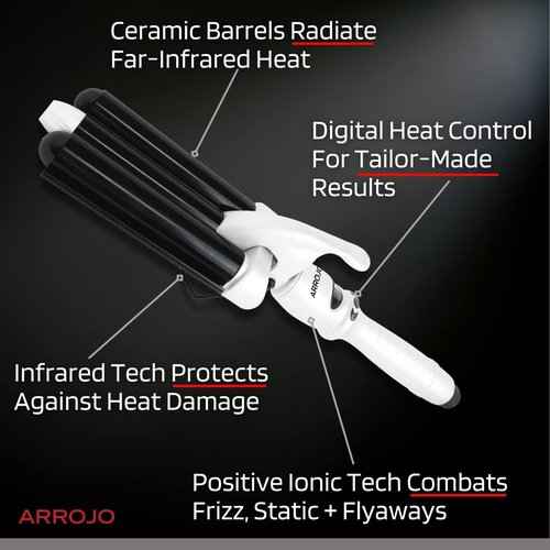 Arrojo Triple-Barrel Mermaid Waving Wand — Infrared Technology Beach Waver — Temperature Control Curling Iron — Positive Ionic Curling Wand — 3 Barrel Curling Iron for All Types of Hair