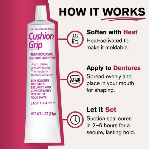 Cushion Grip Thermoplastic Denture Adhesive 1oz (10 Pack)–Extra Strong Hold Up to 4 Days, Unmatched Strength, Waterproof & Zinc Free, Relieves Sore Gums, Comfortable Refit, Long Lasting Denture Refit