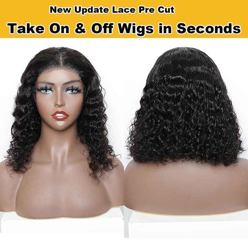 Domiso Glueless Wear and Go Bob Wig Deep Wave Bob Wigs Lace Front Wigs Human Hair Lace Pre Cut Hairline Pre Plucked No Glue Lace Wig Natural Black 14 Inch