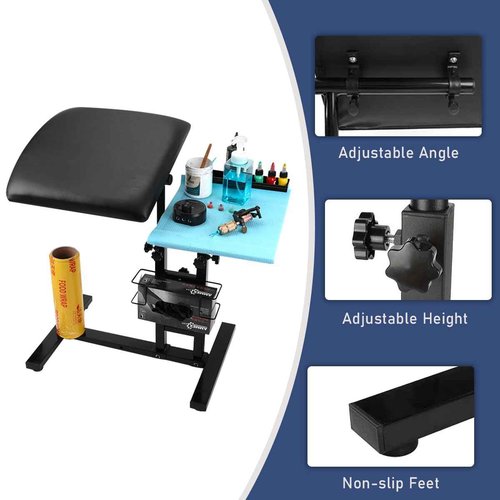 QUTUNI Tattoo Armrest with Tattoo Supplies Storage Board, Tattoo Workbench with Adjustable Height & Tilt, Portable Tattoo Bracket for Tattoo Studio Salon