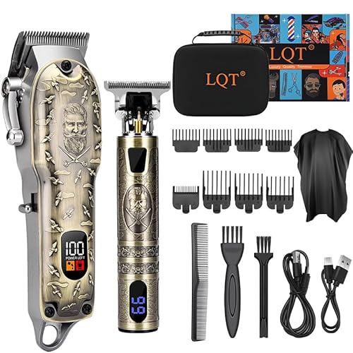 Professional Hair Clipper Set, Digital Display Trimmer Kit with Accessories, Barber Case and Cape, Vintage Design