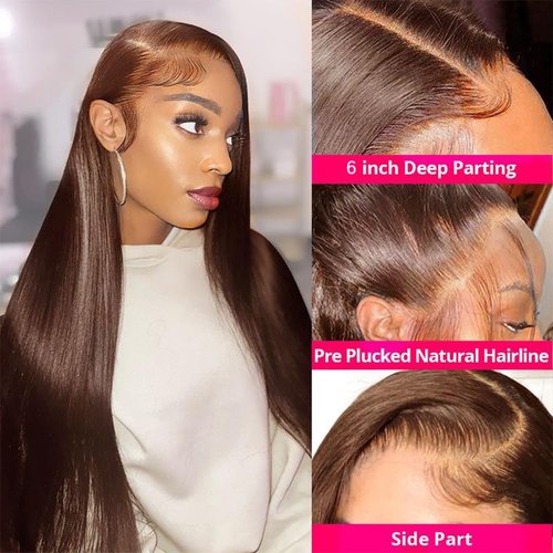 sterly 13x6 Straight Wigs Chocolate Brown Transarent HD Lace Front Wigs Human Hair with Baby Hair 180 Density Straight Glueless Wigs Pre Plucked Hairline 4# Brown Color (22 Inch, 4 Brown)