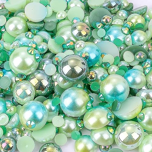 Flatback Pearls Rhinestones for Craft 30g 1400Pcs (2-10mm) Half Round Resin AB Color Rhinestones Pearls for Nail Art Face Body Tumblers-Green