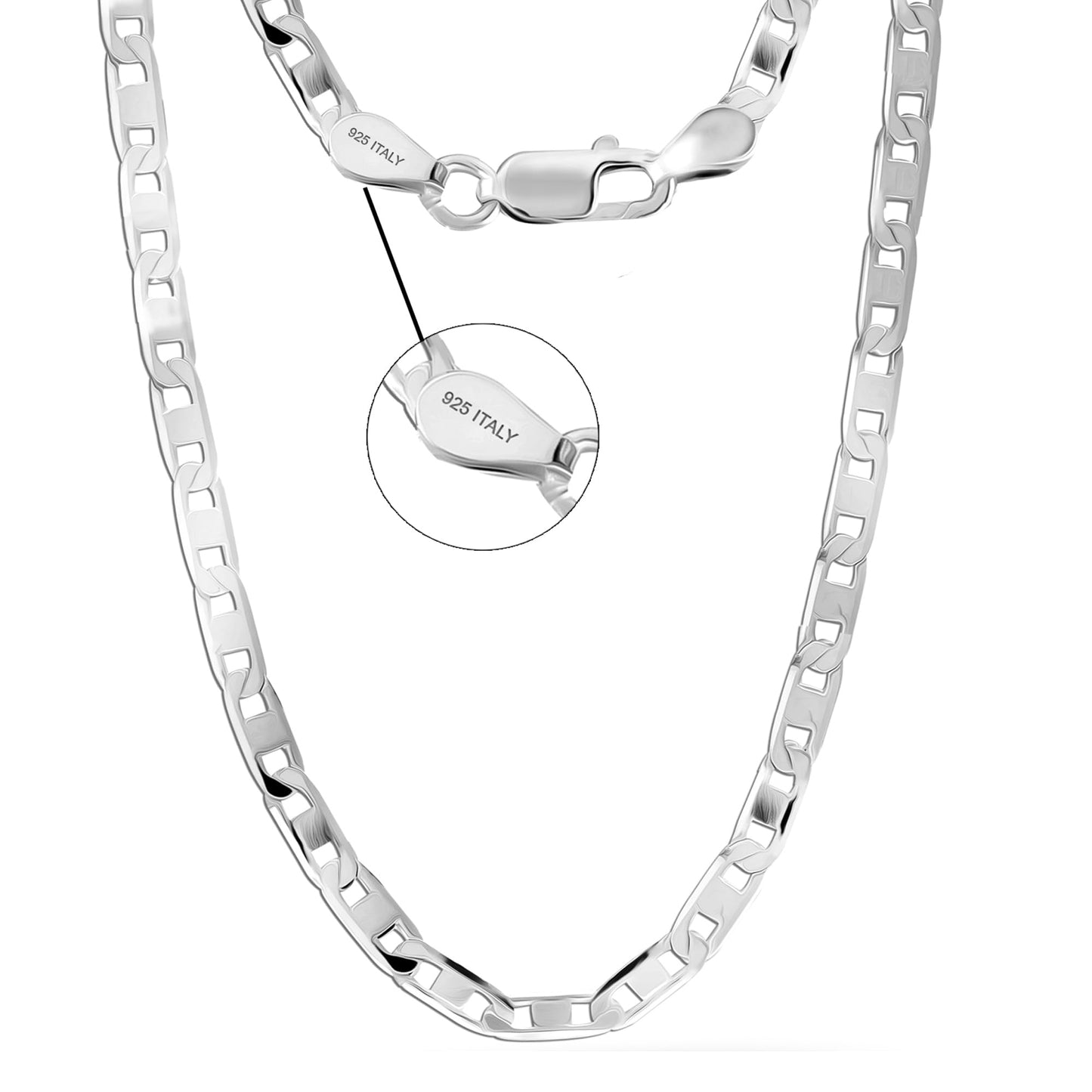 LeCalla 925 Sterling Silver Italian 4 MM Diamond-Cut Solid Flat Mariner Link Chain Necklace for Men and Women 24 Inches